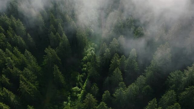 Drone aerial video with the fog running over pine trees in Black Forest, Germany
