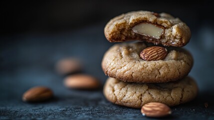 Stacked almond cookies with bite and whole almonds on dark background