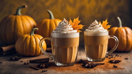 Pumpkin latte beverage. Autumn coffee featuring spicy pumpkin flavor and cream against a yellow backdrop. Seasonal Drinks.