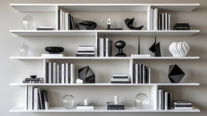 White shelves displaying books and various black decorative objects. Vases, books, and geometric shapes add visual interest.