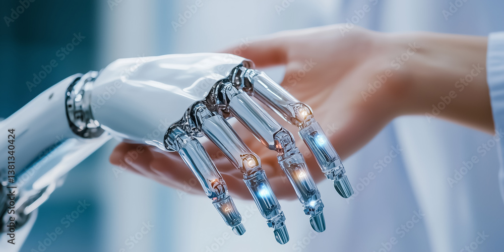 Poster robotic hand reaches out towards human hand in sleek lab setting highlighting futuristic design and 