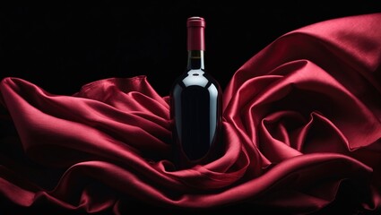 Bottle of red wine and drapes of red fabric on a black background.
