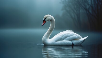 Fototapeta premium Profile of a white swan on a blue misty lake.