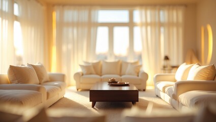 Blurry contemporary living room with gentle sunlight for background usage. Blur interior background concept. Light and airy tone.
