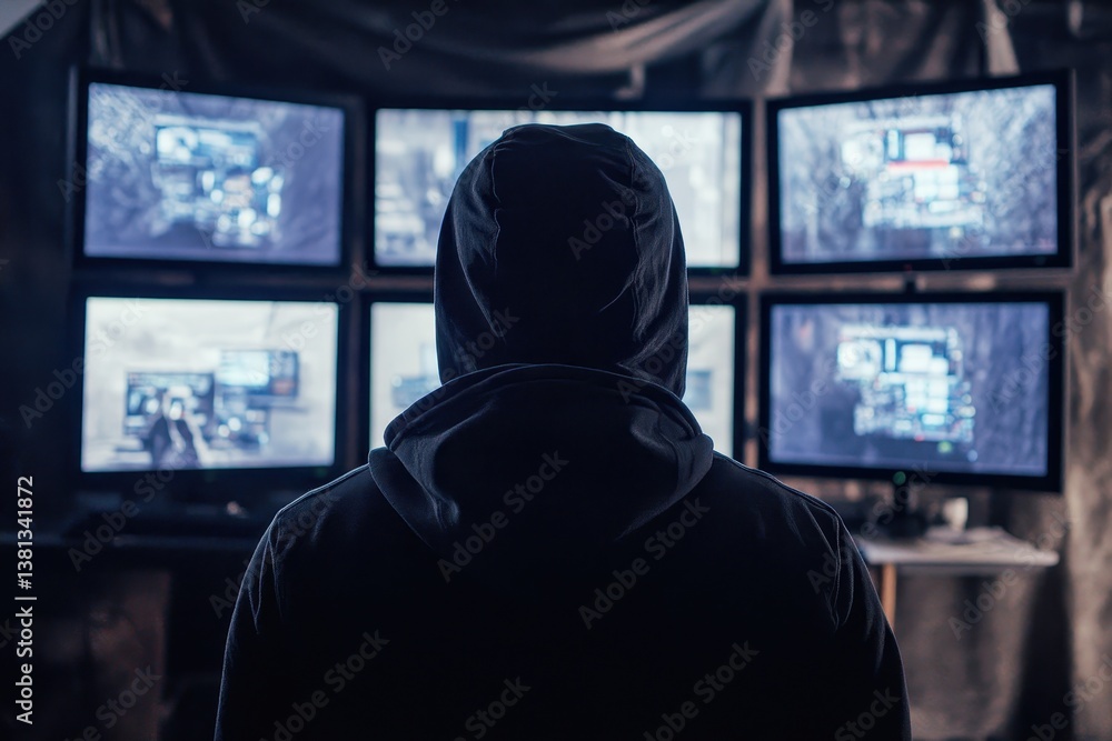 Poster dark trader with a hoodie , view from behind. hacker in front of six screen.