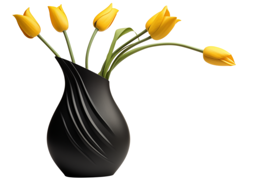 Yellow tulips in a black vase with a modern design against a  in a studio setting on transparent background png