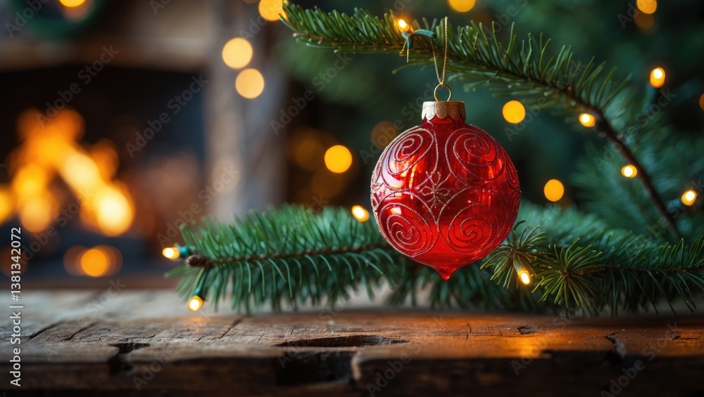 Poster empty wooden table featuring a red bauble, fir branch adorned with bokeh lights and a warm glow in t