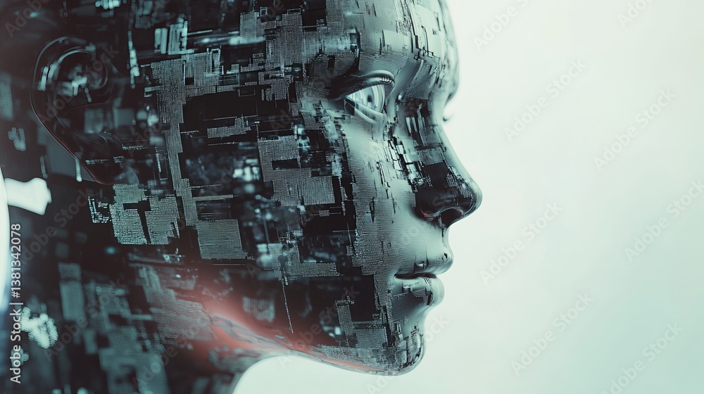 Poster profile view of a metallic humanoid head with circuit board like patterns against a light background