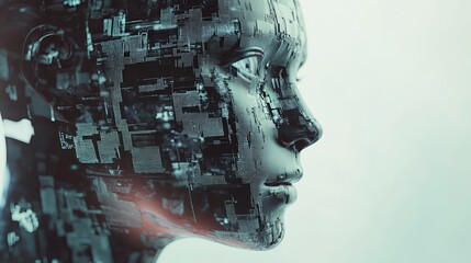 Profile view of a metallic humanoid head with circuit board like patterns against a light background