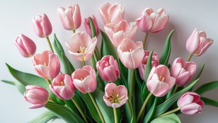 Obraz premium Arrangement of pink tulips on a white background