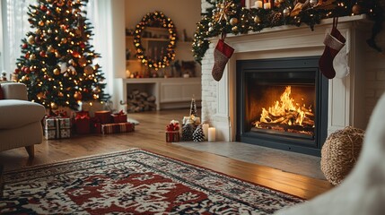 Cozy Christmas Evening by the Fireplace: A Warm and Inviting Holiday Scene