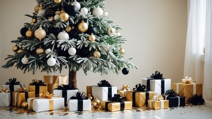 Present boxes in pink and gold with ribbons beneath a tree in an apartment featuring a white interior. High-quality image.