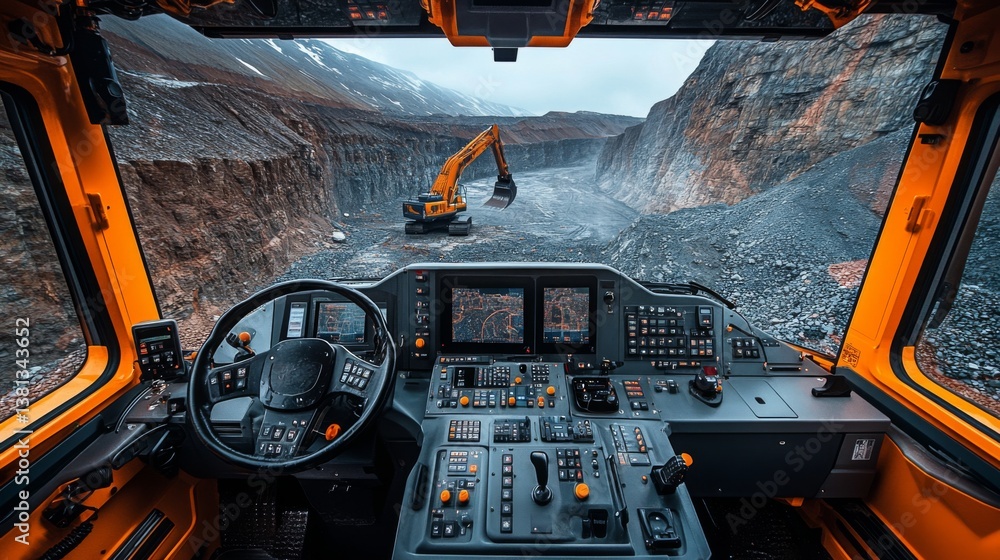 Fototapete heavy mining equipment is actively excavating in a large quarry. operators manage various controls i