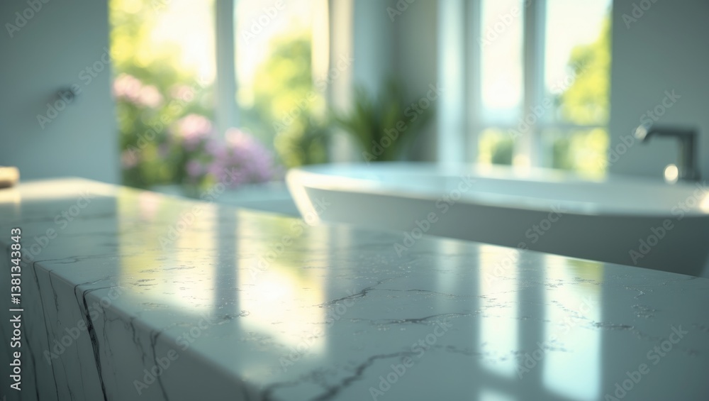 Poster blurred background and marble countertop surface suitable for mock-up of product display or design l