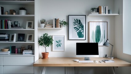 Fototapeta premium Indoor workspace with shelves and desk. Computer sits on light wood desk. Potted plant and leaf art decorate wall behind desk.