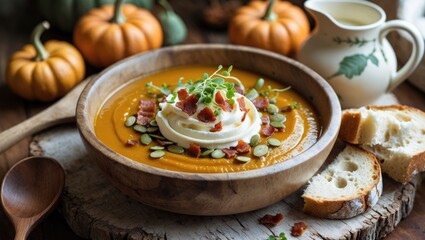 Pumpkin cream soup garnished with cream, pumpkin seeds, bacon, microgreens, and olive oil on a textured background with ingredients. Horizontal