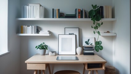 Home workspace with wood table, frames and shelves filled with books, green plants in pots. White wall provides background, interior home office setup.