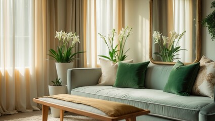 Light interior of a living room featuring a comfortable sofa and houseplants.