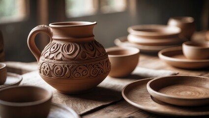 A beautifully arranged wooden table showcases handcrafted clay dishes and utensils. The cozy atmosphere emphasizes the intricately crafted pitcher and surrounding pottery.