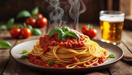 Plate of classic spaghetti with delicious tomato sauce and basil, pasta, Mediterranean diet