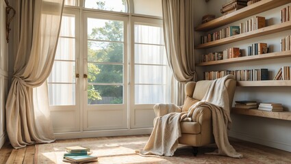 Beige armchair and blanket near bookshelf. Light brown curtains hang near white door. Books stacked upon patterned rug on floor. Outside trees visible.