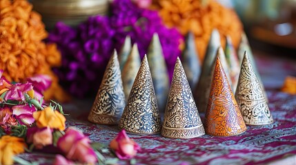 A detailed close-up view of Henna cones artistically arranged in an elegant pattern on a festive stall table surrounded by Eid decorations.