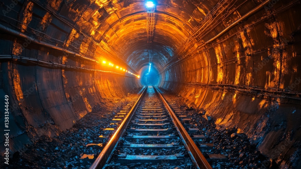 Poster a mining tunnel reveals illuminated tracks that stretch toward a distant exit, highlighting the envi