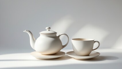 Little white teacup and kettle isolated against a background.