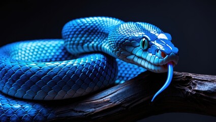 Fototapeta premium Blue viper perched on a branch with its tongue extended and poised to strike. It is a perilous reptile that is active at night.
