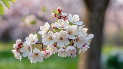 Obraz premium Prunus cerasus in bloom, showcasing a cluster of lovely white tart cherry petals on the flowering tree. Garden fruit tree adorned with blossoming flowers.