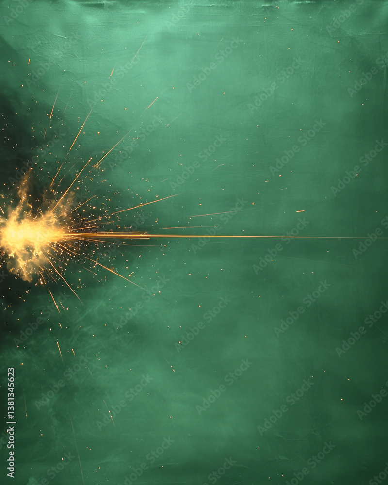 Poster an artistic display of green luminosity exploding to one side, accented with glimmering gold spark