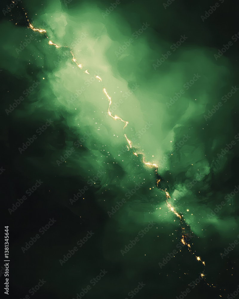 Poster an artistic display of green luminosity exploding to one side, accented with glimmering gold spark