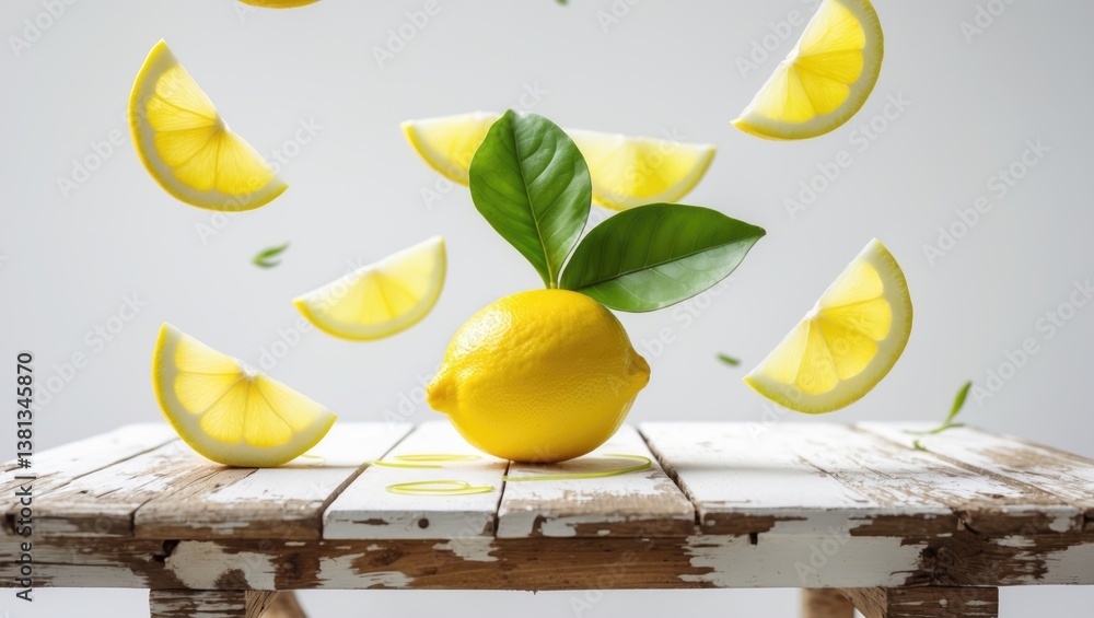 Poster lemon fruit with floating slices on a wooden table in isolation. tinting and selective focus.