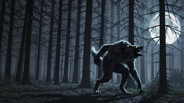 A werewolf prowls through a moonlit forest, captured from a low-angle, creating a suspenseful, cinematic video atmosphere with eerie shadows.
