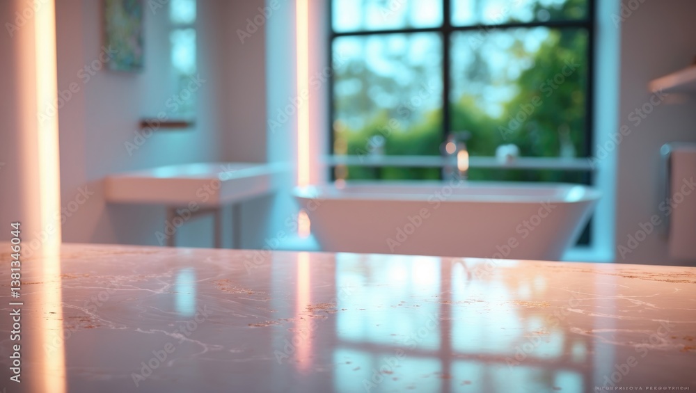 Poster blurred background and marble countertop can serve as a mock-up for product display or design layout