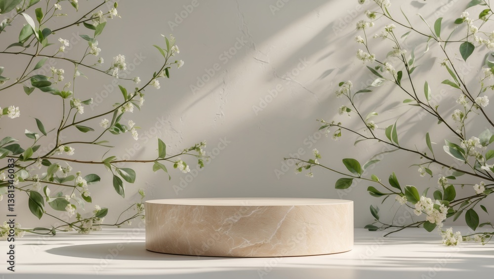 Poster light beige marble stone display podium for cosmetics and products on abstract background with flowe