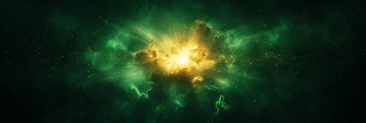 Fototapeta premium A cosmic-style abstract with an off-center green explosion and scattered golden rays radiating