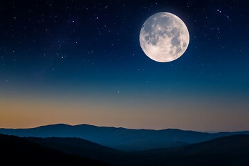 A full moon rising over a distant mountain range, stars visible in the deep blue sky.