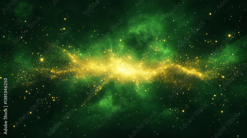 Poster a futuristic visual of a green light core bursting unevenly with golden sparks that fade into a