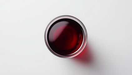 Top-down view of a glass of red liquid.  A clear glass holds a dark red beverage