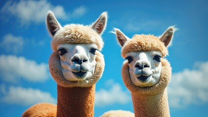 Obraz premium Portrait of two alpacas against a blue sky backdrop.