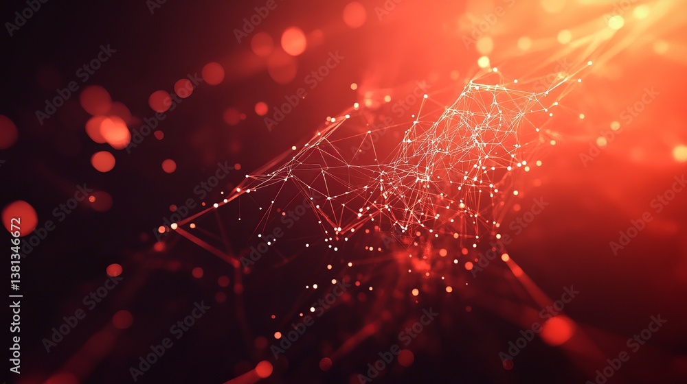 Wall mural abstract network of interconnected lines and dots against a red and dark background with bokeh effec