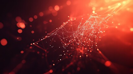 Abstract network of interconnected lines and dots against a red and dark background with bokeh effect