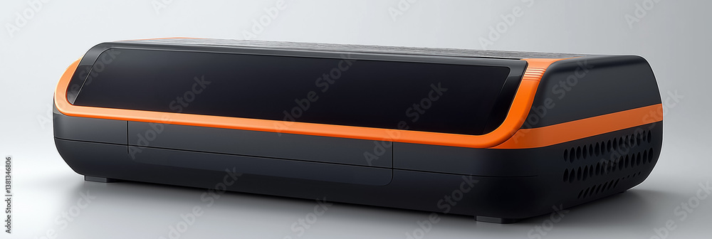 Poster sleek black and orange device highlighting modern design and craftsmanship. clean minimalist backgro