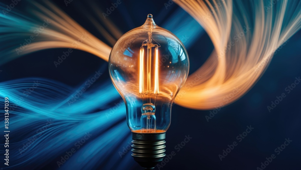 Poster lightbulb against a dark backdrop with glowing wire. concept of energy transition and renewable ener