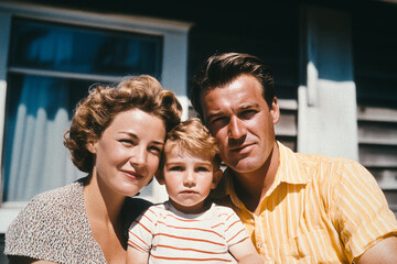 Old vintage color family photo. Portrait of father, mother and little boy sitting outdoors in front of wooden house in sunny summer day