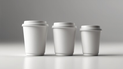 Large, medium, and small, three sizes of blank take-away coffee cups on a solitary background packaging template mockup collection with clipping path.