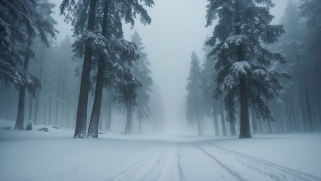 Winter snowfall in Dragobrat. Blizzard conditions. Carpathian mountains. Foggy atmosphere. Spruce forest. Heavy snow on trees. Gloomy weather. Frozen landscape of the forest. Cold nature.