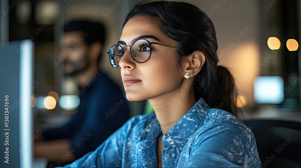 Poster an indian programmer in a diverse office works on a desktop computer. a female specialist innovates 