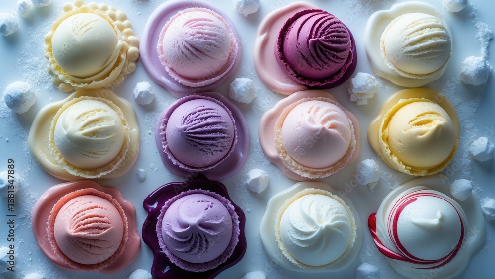 Poster ice cream scoops of various flavors separated on a backdrop